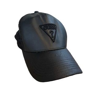 Guess Max Mesh Trucker Hat Embroidered Logo Faux Leather Black Adjustable